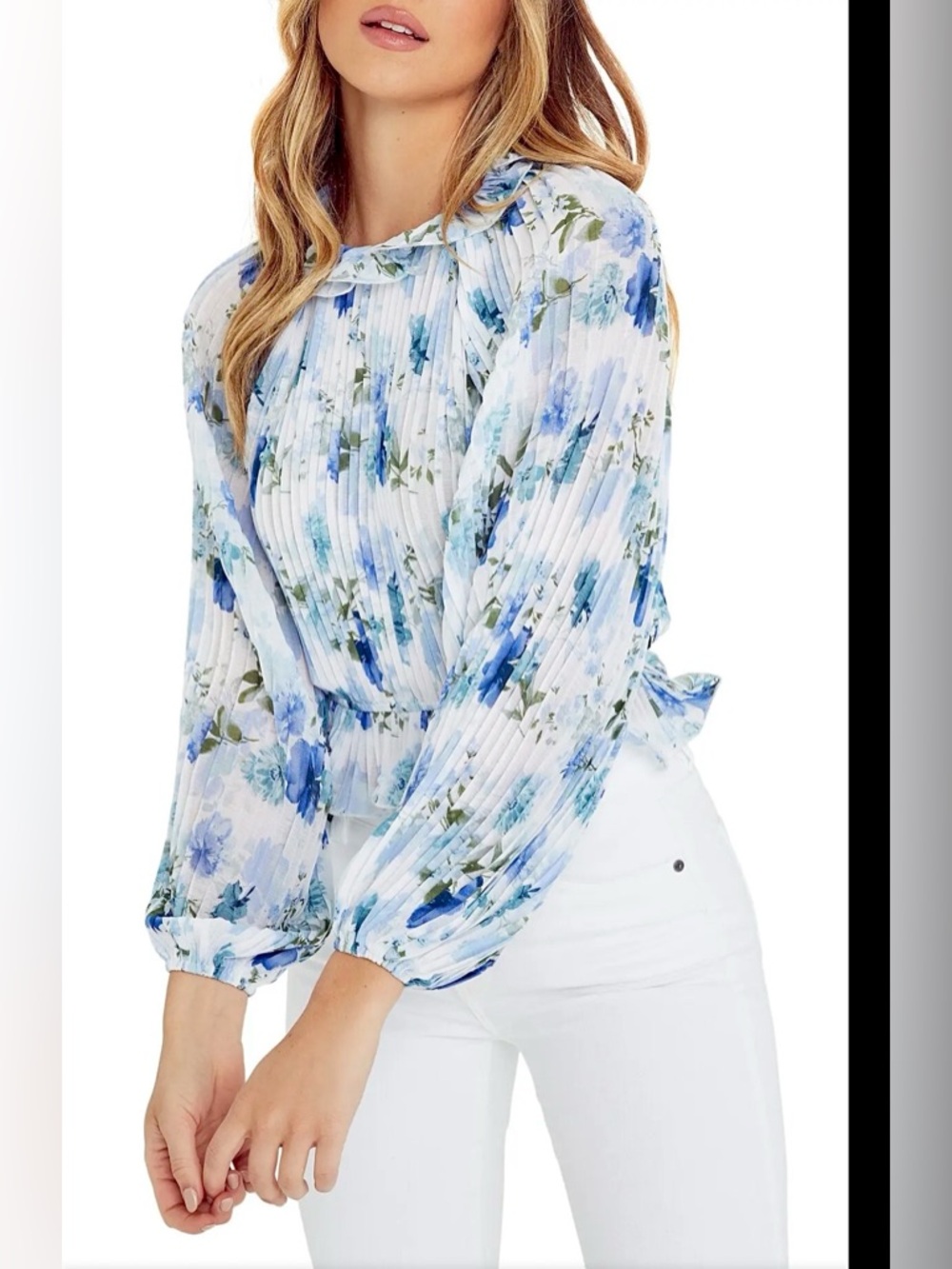 VICI WOMENS WHITE BLUE PLISSE FLORAL PLEATED BALLOON SLEEVE CROP RUFFLE BLOUSE S